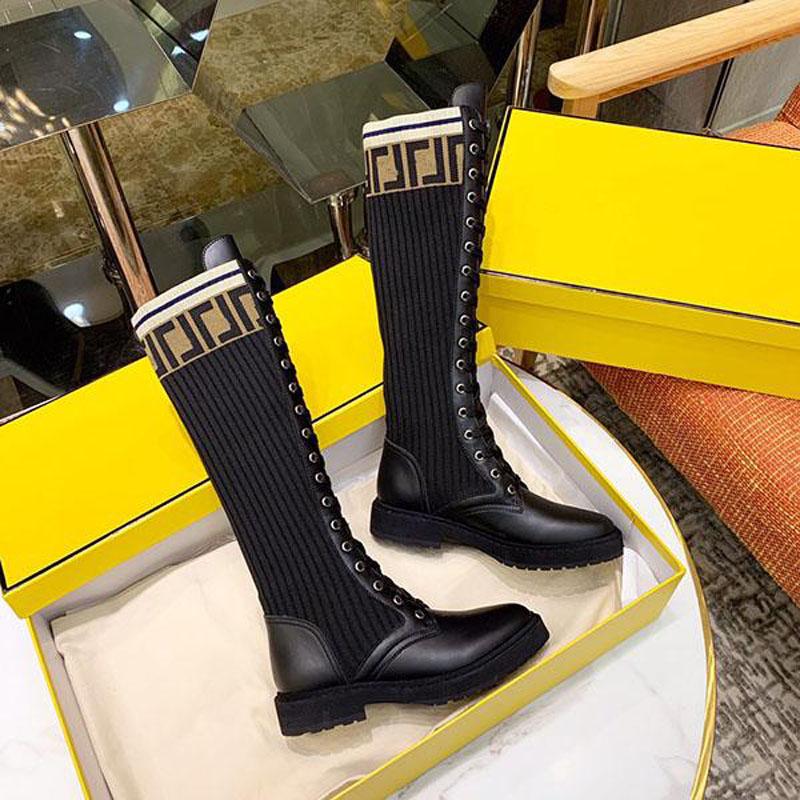 

Top quality designer Luxury F letter knitting sexy women's Knee Boots fashion outdoor socks Half Boot Ladies flat elastic Lace shoes Size 35-41, Black
