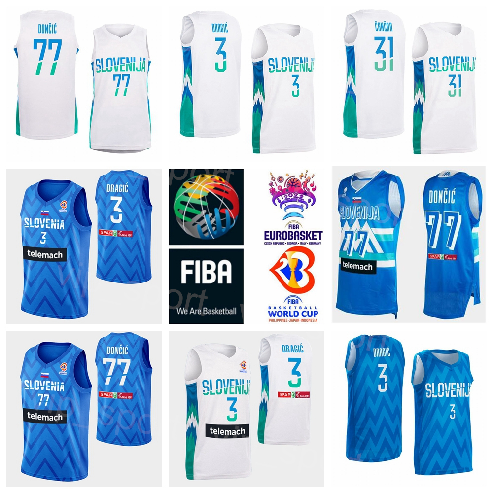 

Slovenia 2022 EuroBasket National Team Basketball 10 Mike Tobey Jersey 11 Jaka Blazic 30 Zoran Dragic 8 Edo Muric 77 Luka Doncic 3 Goran Dragic Uniform Screen Printed, With world cup patch