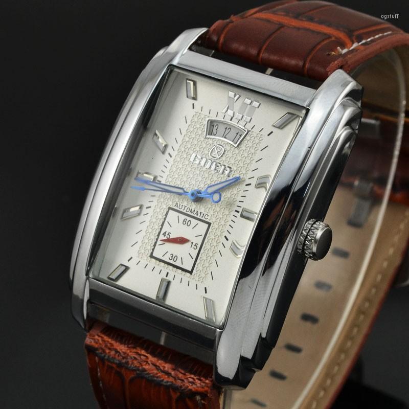 

Wristwatches Brand Men Watches Mechanical Watch GOER Automatic Fashion Rectangle Leather Band Montre Homme 2022, 375 white