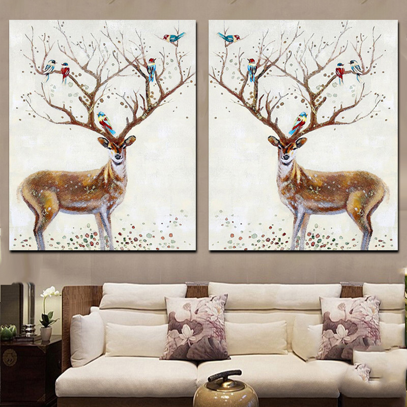 

2 Panel Abstract Canvas Painting Artistic Deer Elk with Bird Giclee Animal Print Poster Minimalist Wall Picture For Living Room