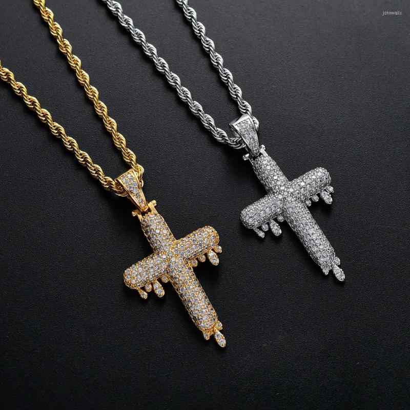 

Chains Iced Out Bling Droplets Cross Pendant Necklace Micro Paved Zirconia Hip Hop Jewelry Stainless Steel Rope Chain 60cm No Fade