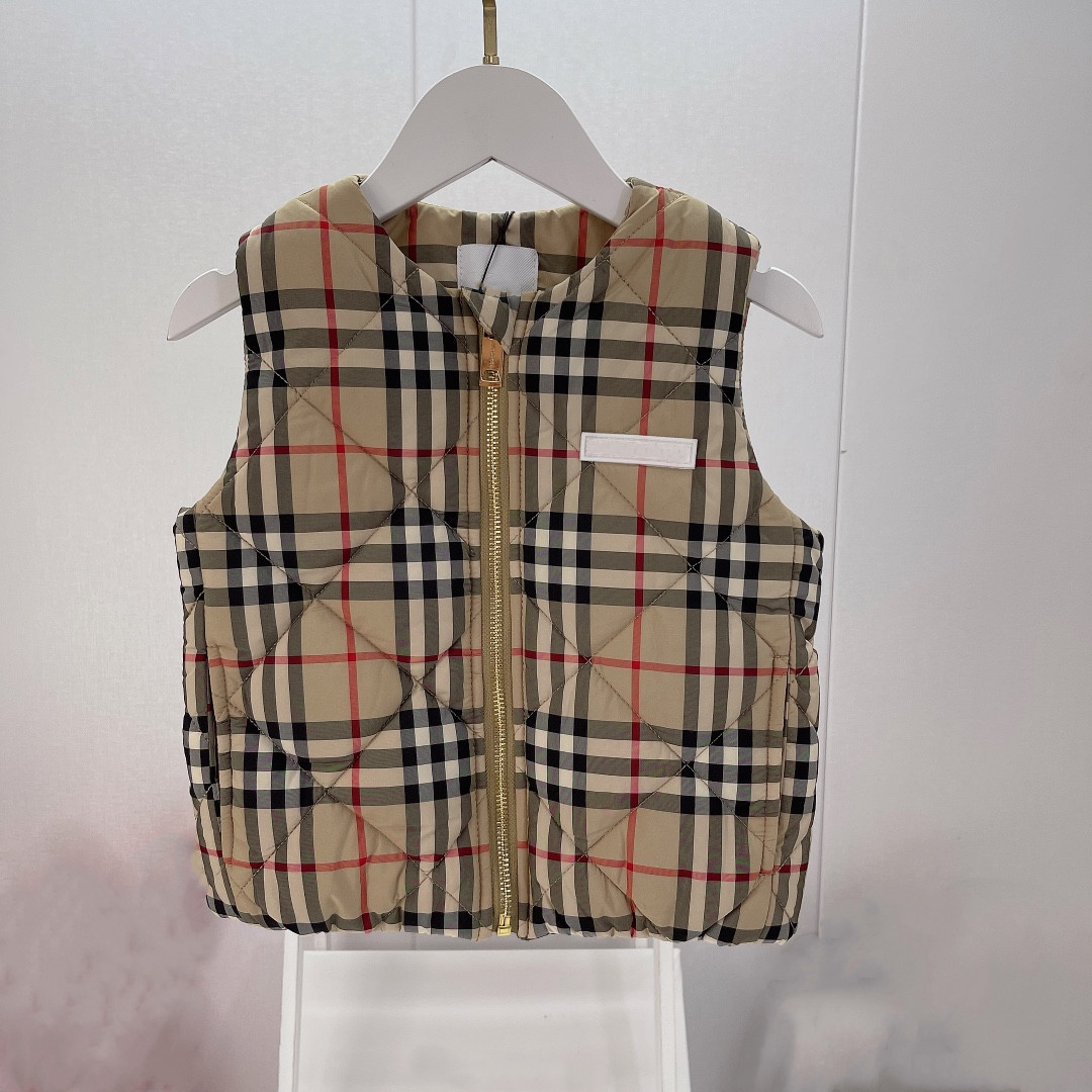 Childrens Waistcoat Boys Girls Vest Sleeveless Stand Collar Grid Stripe Zipper Warm Winter Fasion Outwear With Letter-image-799774483