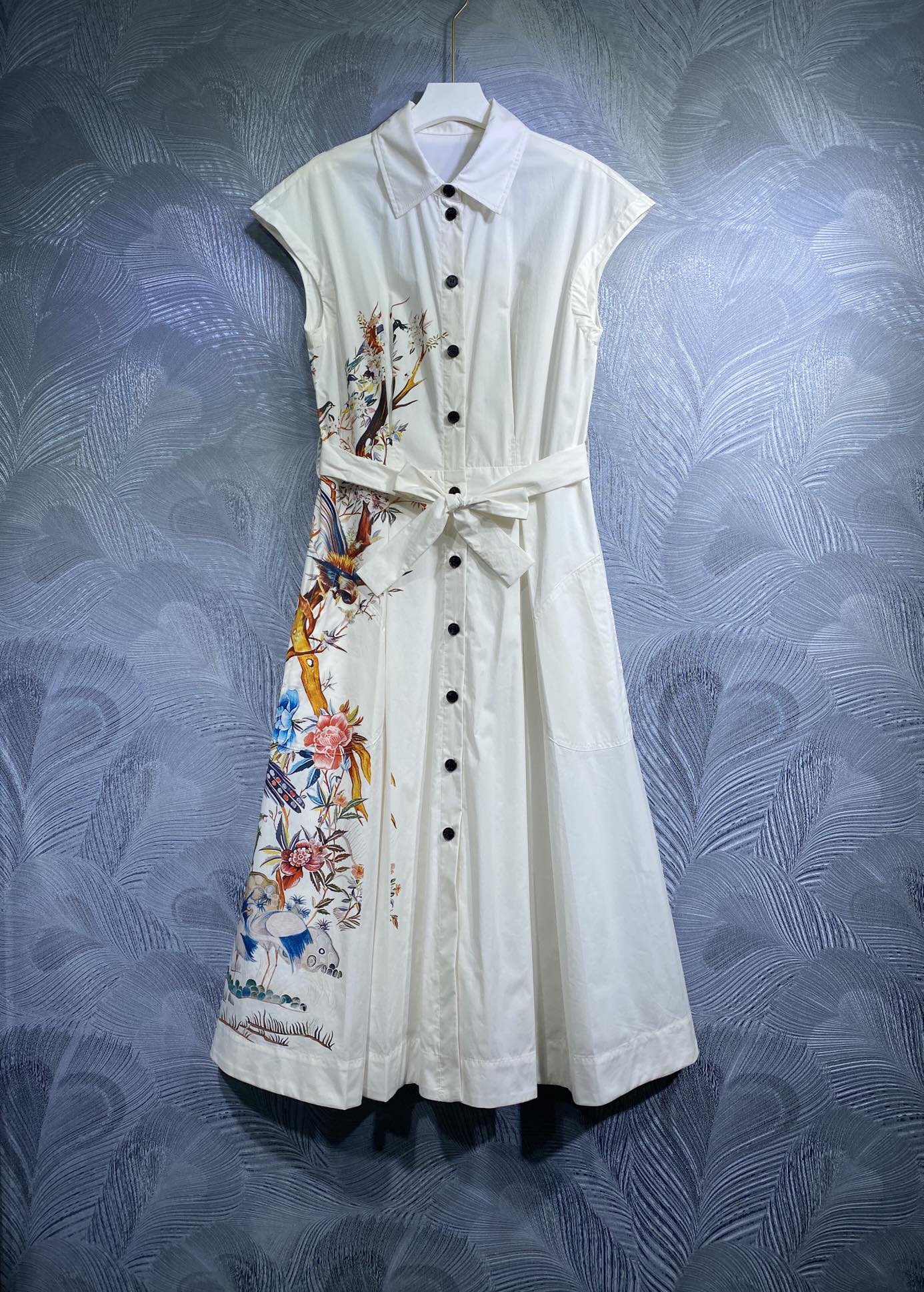

Casual Dresses Autumn 2022 new Lapel flower crane mood printed cotton dress, Ivory