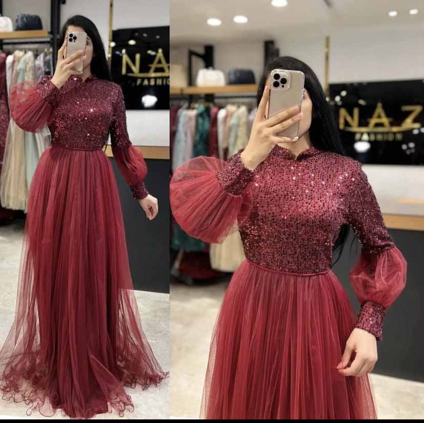 Conception arabe bordeaux robe de bal col haut sequin dentelle à manches longues une ligne étage longueur robe de soirée
