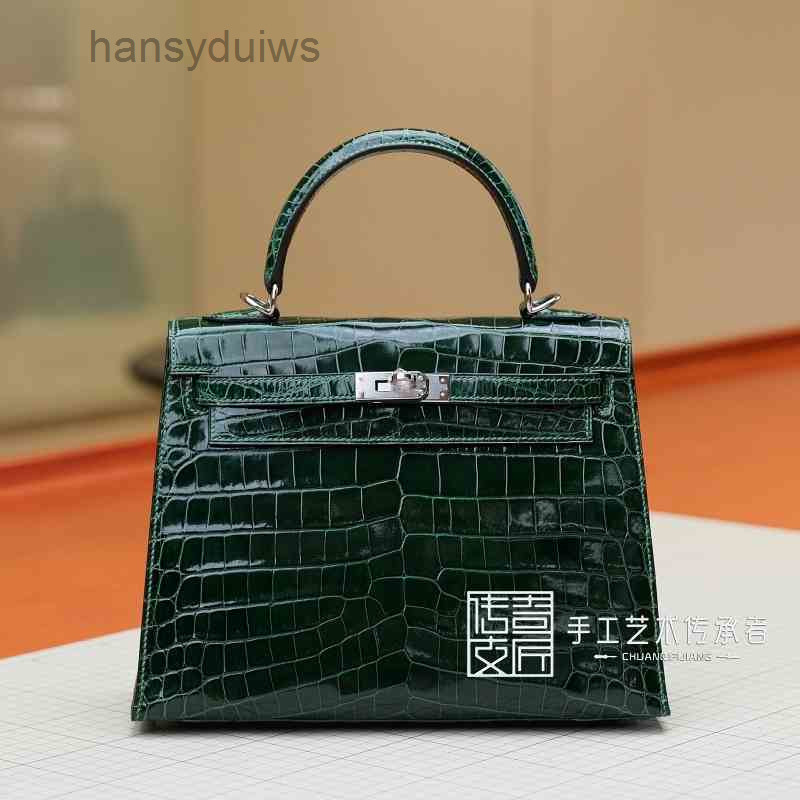 

Designer Handbags Women's 2022 herme Bag Kelysss Bag Nile Crocodile Skin Emerald Kl25cm Silver Buckle Single Shoulder Diagonal