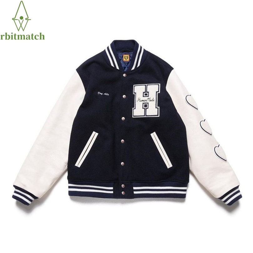 

Mens Jacket Baseball Coats Varsity Women Furry Heart Letters Embroidery Cotton Color Block College s Man Harajuku Outwear 220906, Drak blue