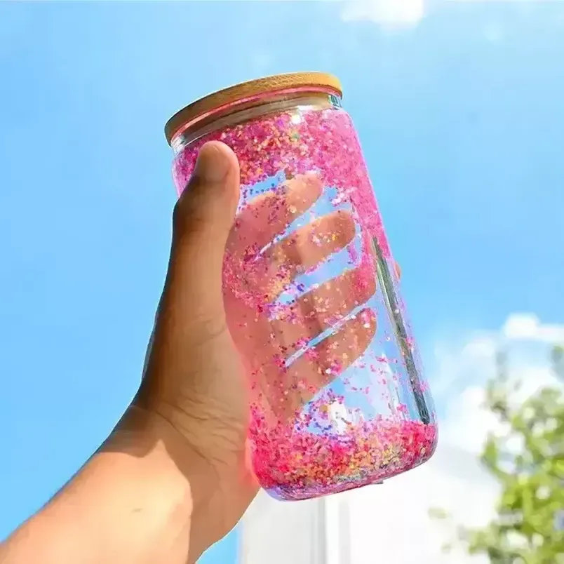 

US Stock Clear Blank DIY 16oz Sublimation Tumbler Mug Soda Cola Cup Double Wall Snow Globe Beer Glass Can with Bamboo Lid and Straw 906