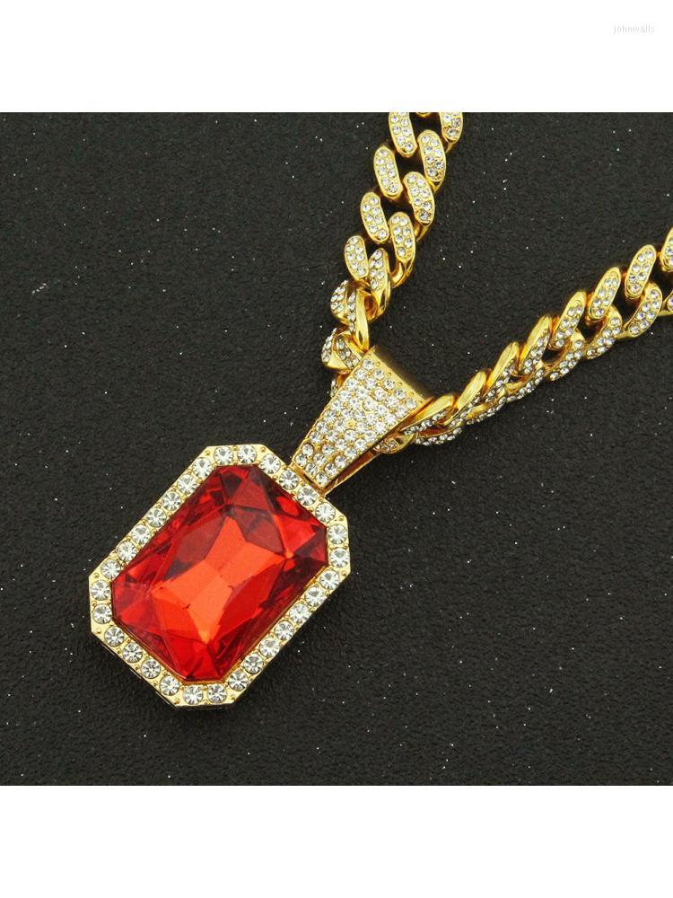 

Pendant Necklaces Bling Square Red Stone Big Crystal Choker Necklace For Men/women 13mm Miami Cuban Link Chain Heavy Hip Hop Jewelry