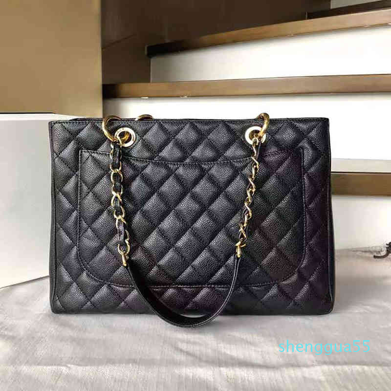 

2022High Quality Ladies Handbag Caviar Leather GST Shoulder Bag Classic Design Large Capacity Tote Shopping Computer, Apricot gold chain