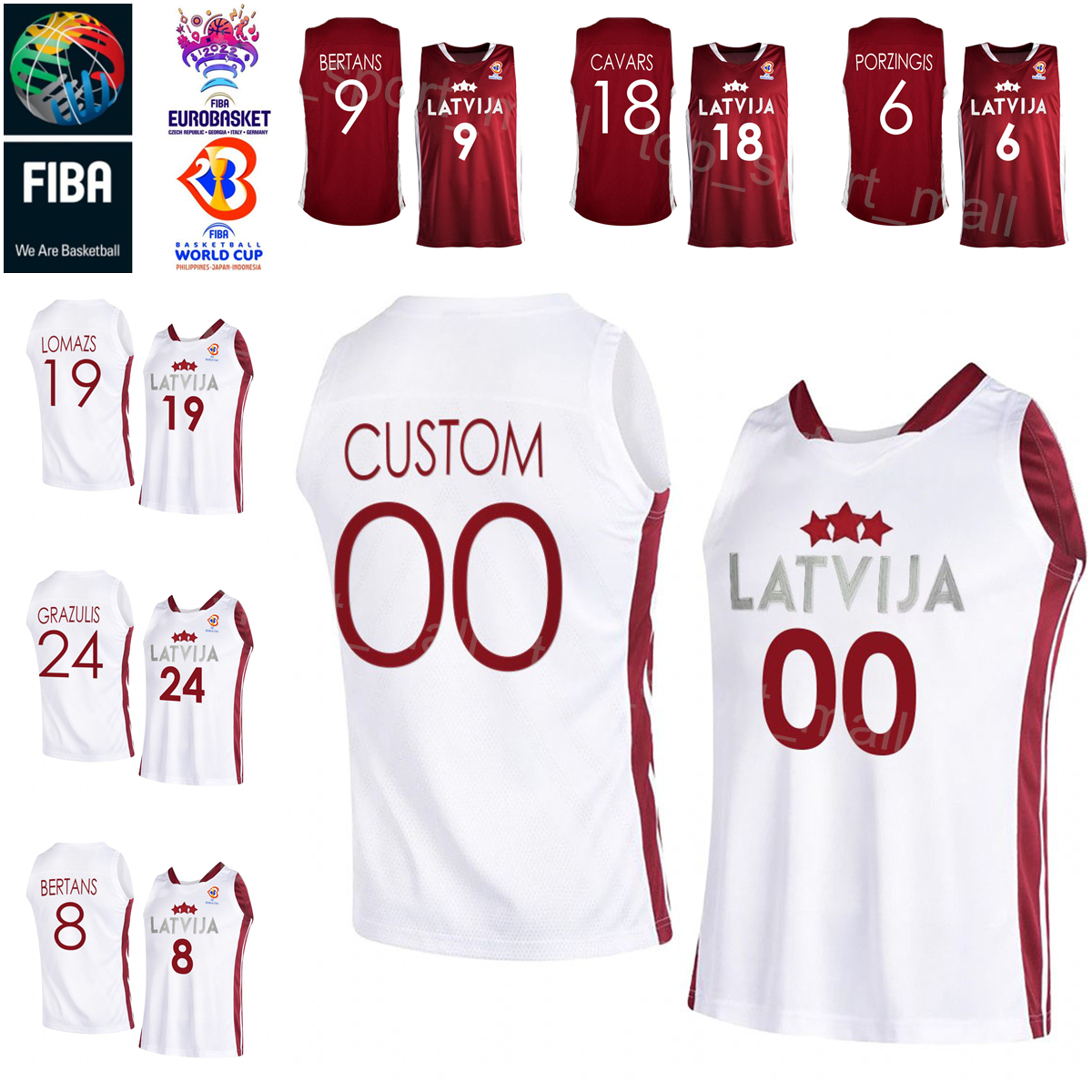 

Printed 2022 EuroBasket Latvia Basketball Jersey National Team Kristaps Porzingis 19 Rihards Lomazs 9 Dairis Bertans Andrejs Grazulis Davis Bertans Klavs Cavars, With eurobasket patch