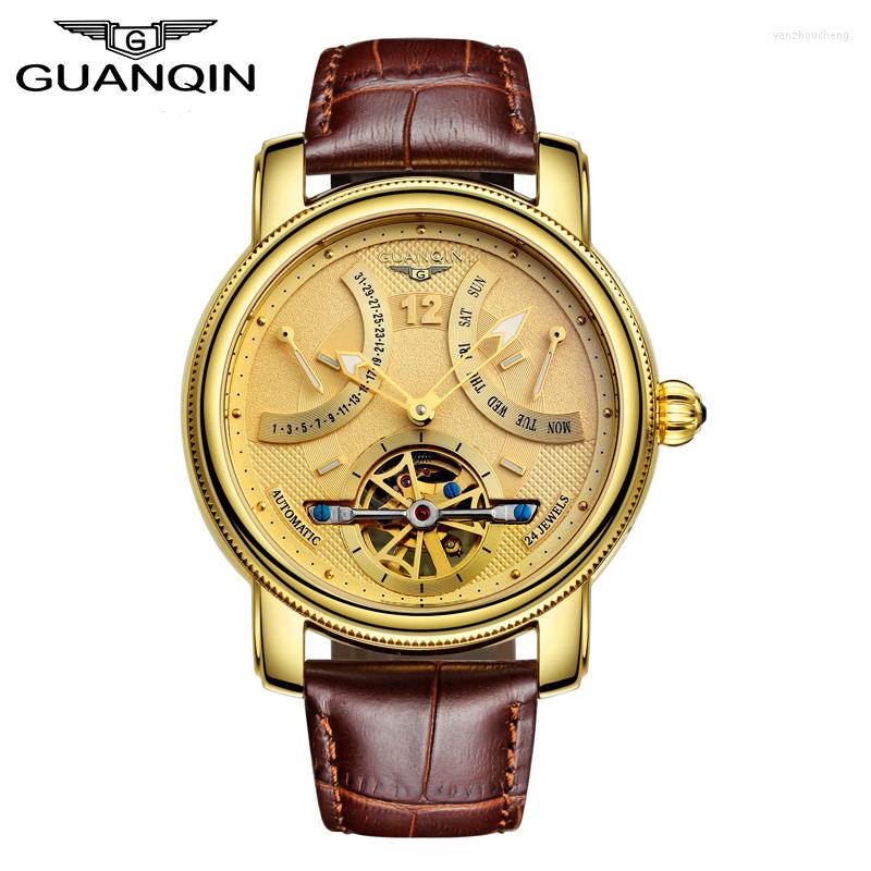 

Wristwatches GUANQIN Tourbillon Mechanical Watch Men Automatic Sapphire Glass Leather Strap Waterproof Classic Gold Wrist Reloj Hombre