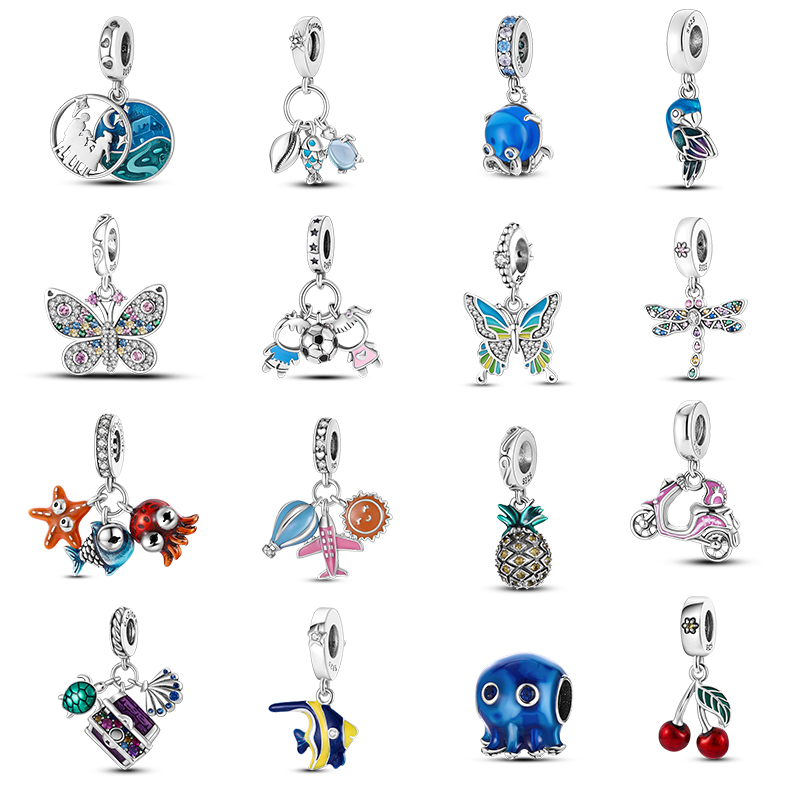 

925 Silver Charm Beads Dangle New Butterfly Dragonfly Turtle Cherry Bead Fit Pandora Charms Bracelet DIY Jewelry Accessories