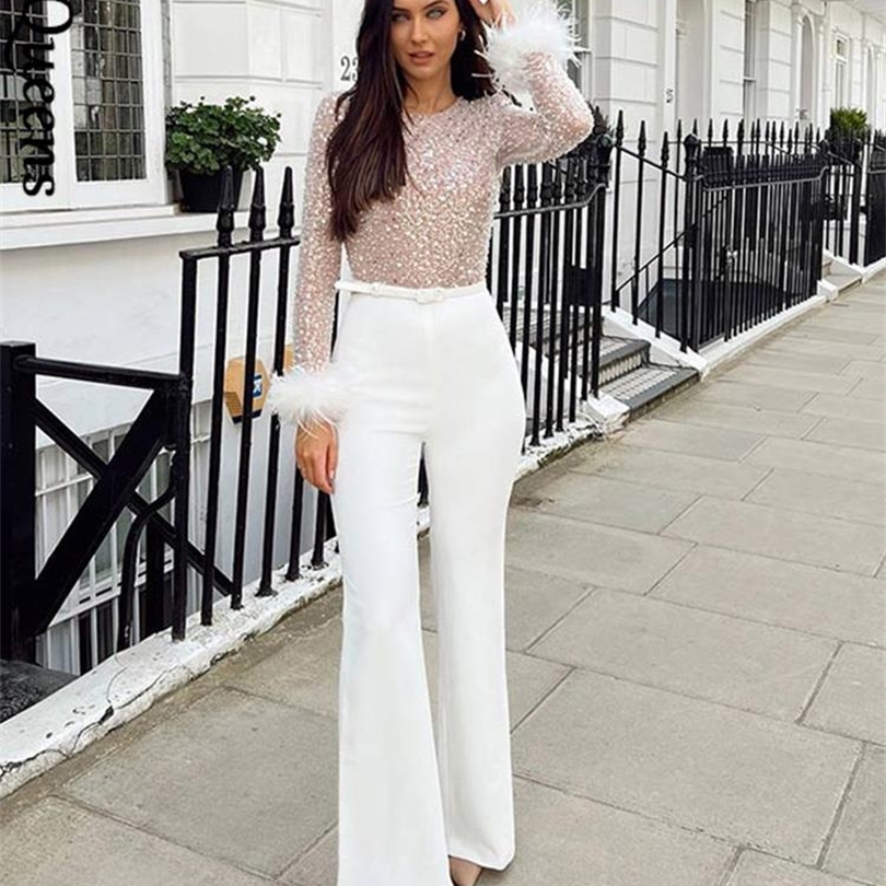 Femmes deux pièces pantalons femmes plumes paillettes fausse perle combinaison printemps sexy casual élégant à manches longues haut évasé pantalo