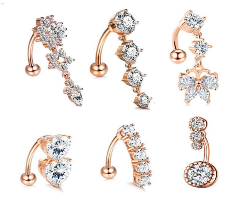 

6 in 1 Body Peircing Jewelry Kit Dangle Heart Flowers Navel Rings CZ Belly