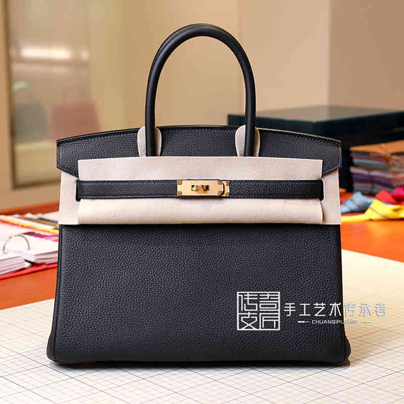 

Designer Bags Birkins Herme Handbag 2022 Handmade Custom Platinum Togo Calf Bk30cm Gold Buckle Black Lychee Pattern Tote Bag, 25cm gold buckle