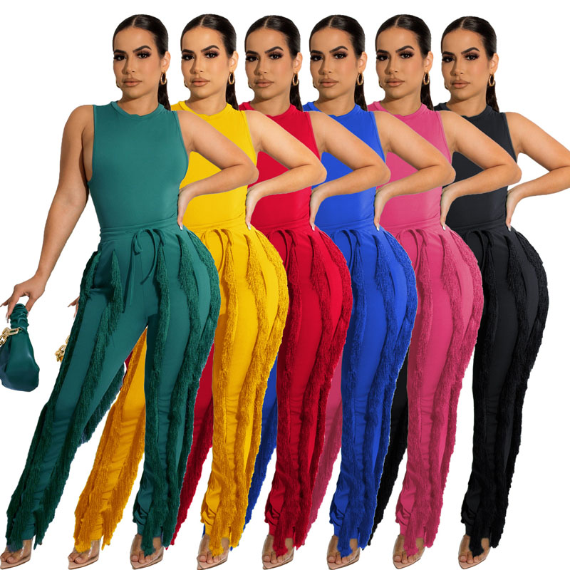 

2022 Fashion Sleeveless Tops and Tassel Pants Set Two Piece Set Fringe Wide Leg Trousers Summer Spring Matching Set, Blue
