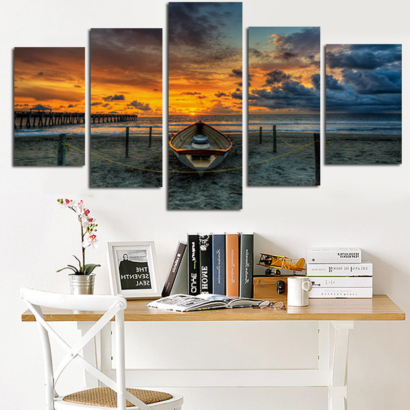 

Painting 5Panel Print Morning Seascape Oil on Canvas Art hdsea Beach Boat Modular Wall Pictures Modern for Living Room Cuadros