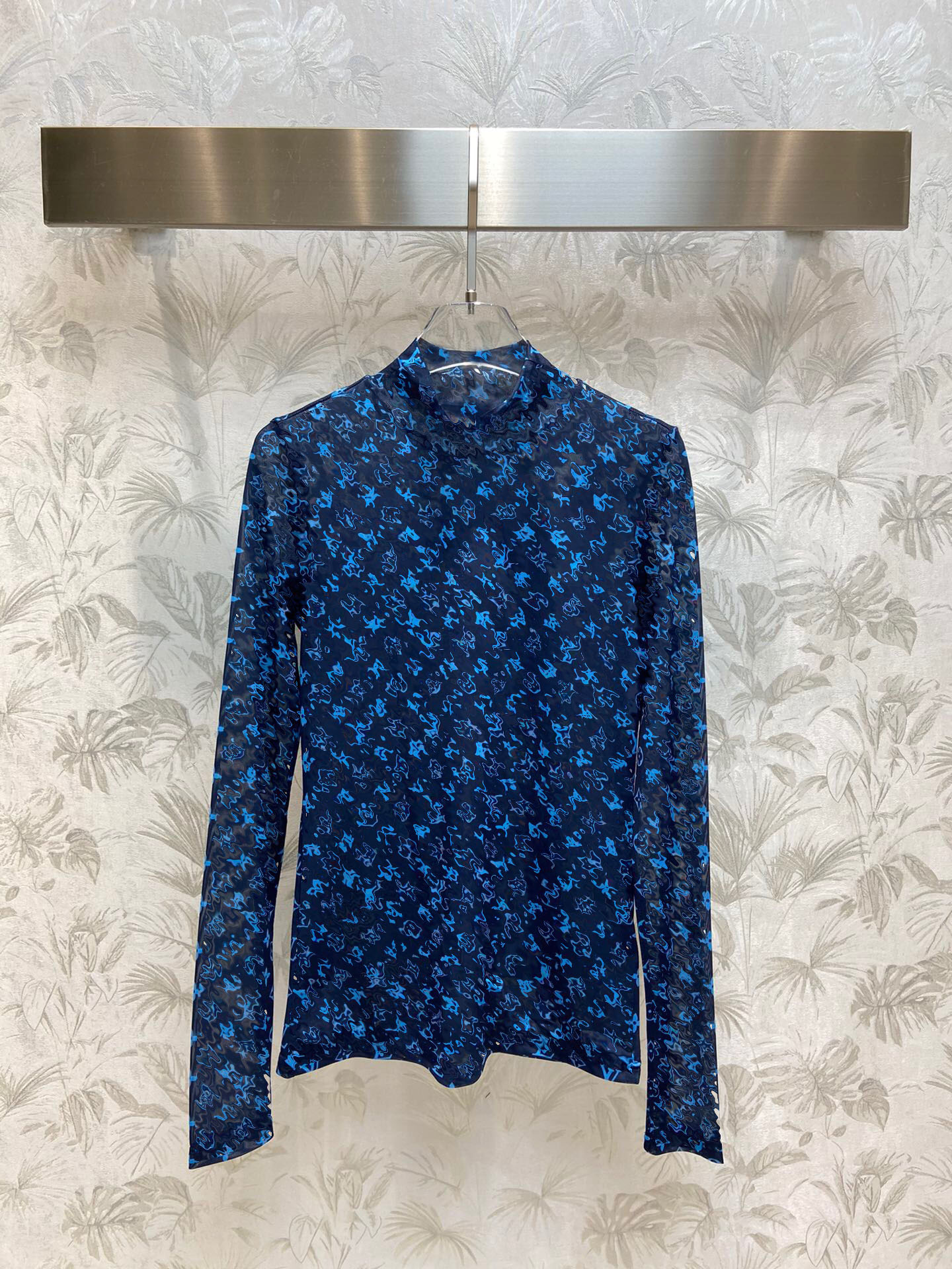 

Fashion Mesh Tops Women High Neck Long Sleeve All-matched Letter T-shirt, Blue