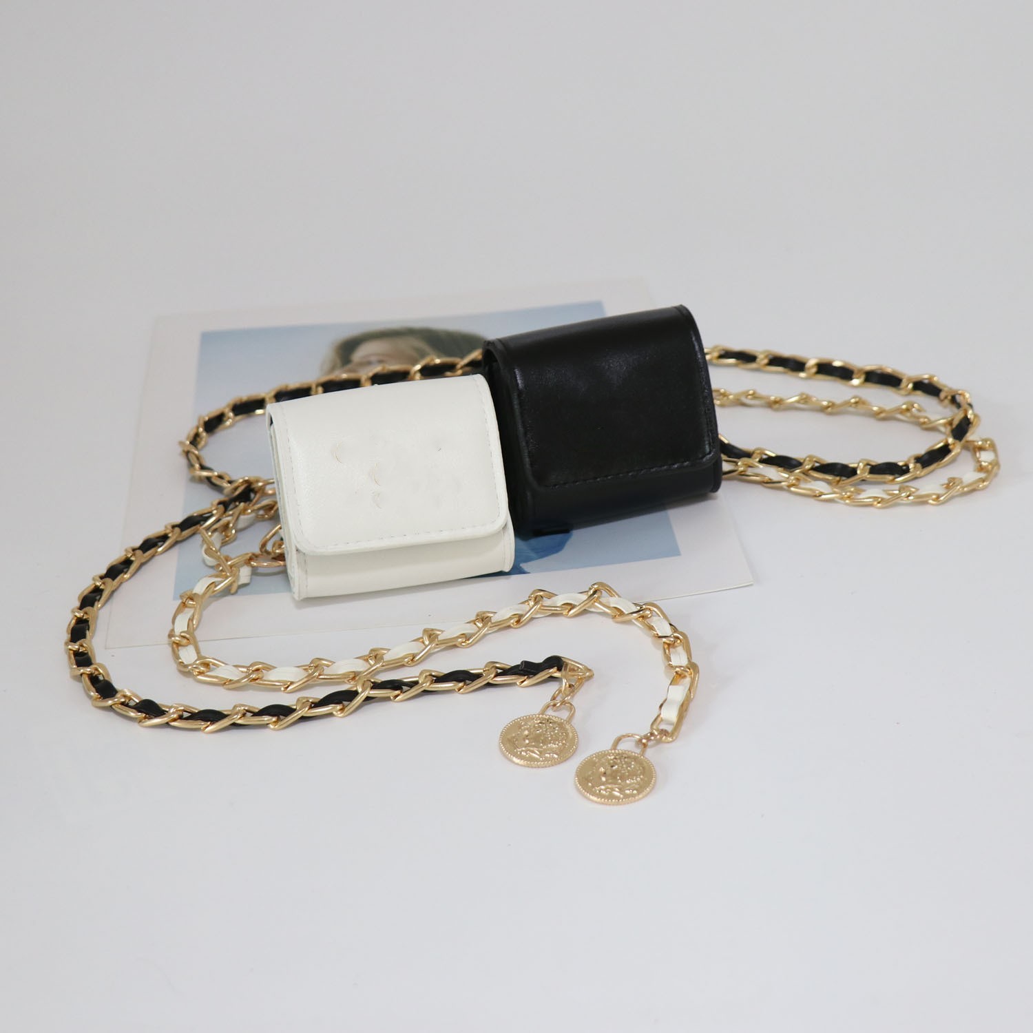 

Fashion Old kids metal letter waist purse big girls PU leather chain belt bags children bust messenger bag A9073, P black