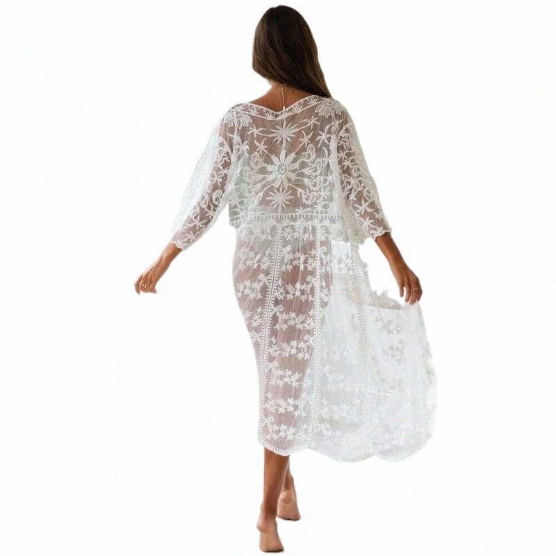 Women's Blouses & Shirts women's Blouses & Shirts 2021 Style Fashion Women Lace Cardigan Long Blouse Solid Deep V Neck See Through Slee-image-800028394