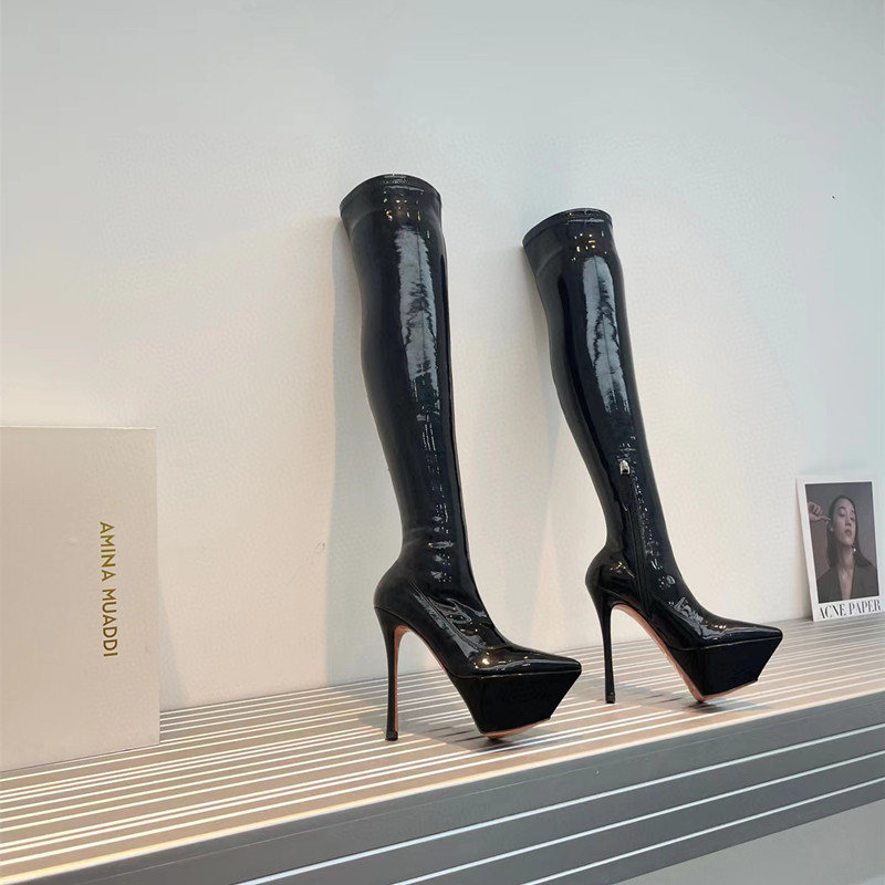 

Amina Muaddi Platform Women Boots High Heels Pointed Toe Balck Knee-high Ladies Western Boots Top Quality Real Leather Outdoor Shoes Brand Wedge Heells Stiletto Heel, As pic 15cm