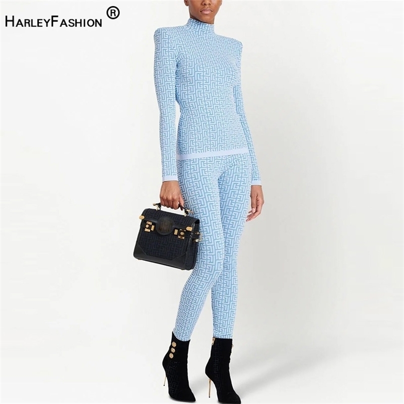 

Womens Two Pants Classic Geometric Pattern Quality Jacquard Knitted 2 Piece Sets For Women Fall Stand Collar Sweaters Pullover Top Tight Trouser 220906, Blue