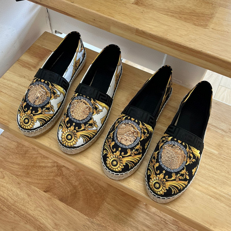 

Canvas Medusa embellished Espadrilles sandals Shoes Loafers 100% leather inside woman shoes flats luxury Chain printing Top quality spring size 35-41, Black