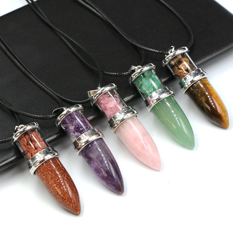 

Natural Stone Bullet Necklaces for Women Men Gravel Pink Quartz Green Aventurine Obsidian Lapis Lazuli Pendulum Pendant Fashion Rope Chain DIY Jewelry Accessories