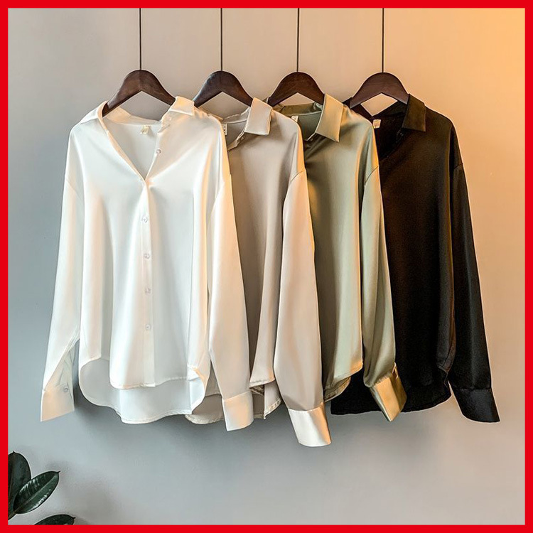 Bouton de mode automne, chemise en soie en satin Blouses vintage chemises lâches décontractées Tops Lady à manches longues Blusas féminin