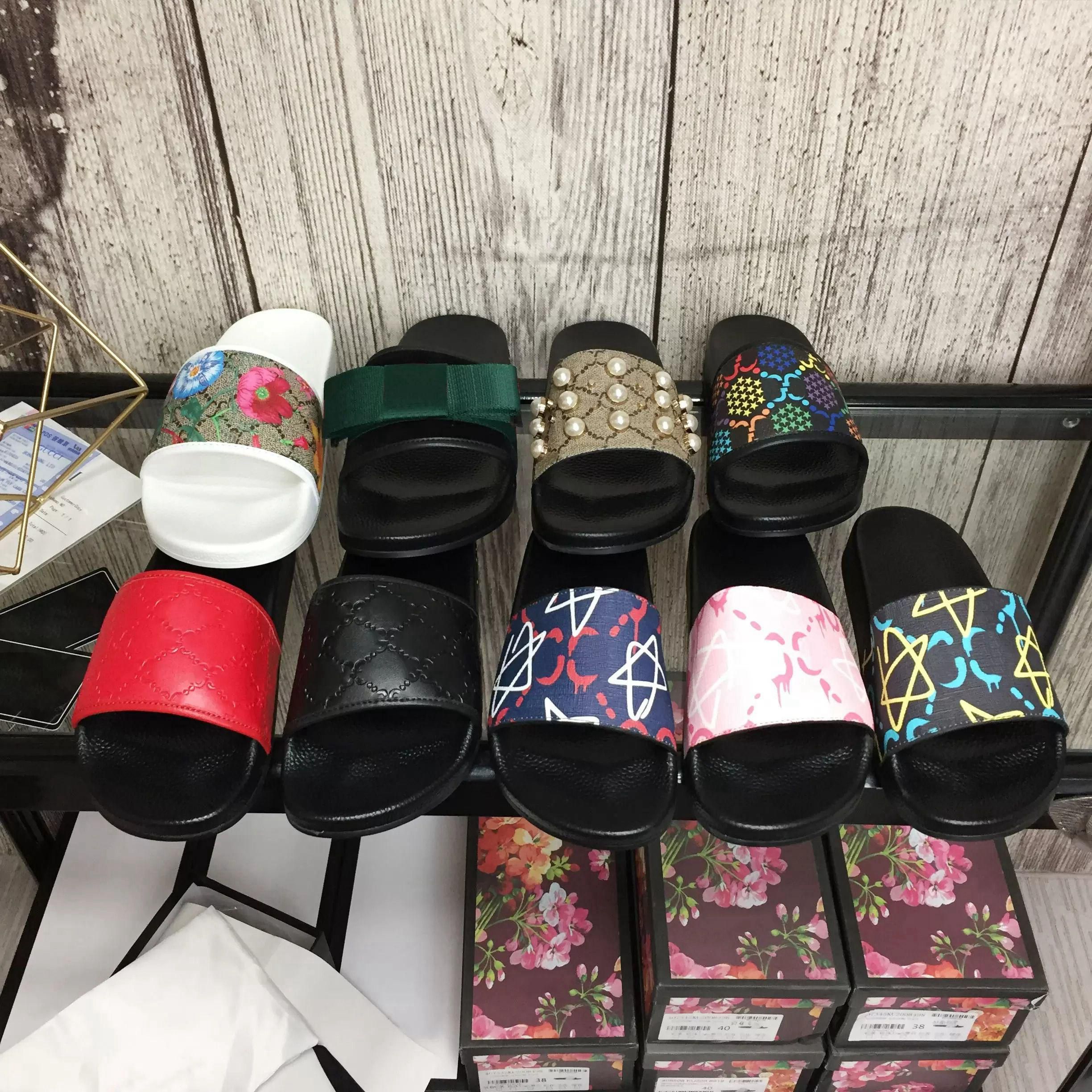 

Designer Slippers men women slides Summer Cool Beach Luxury slide with original box dust bag platform shoes Fashion floral leather rubbers sneakers sandals 35-47, Shoes box