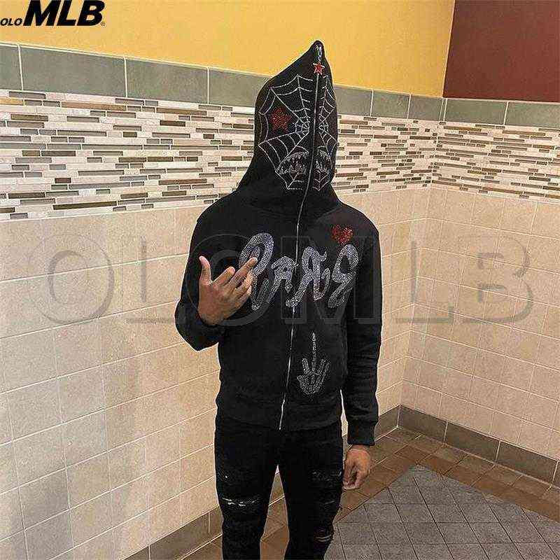 

Men's Hoodies Sweatshirts full Zip up Hoodie Y2K Men Streetwear Long Seve rhinestones spider web goth Sweatshirt Oversized o Clothing Hoodie Sweater 907H, Packing bag