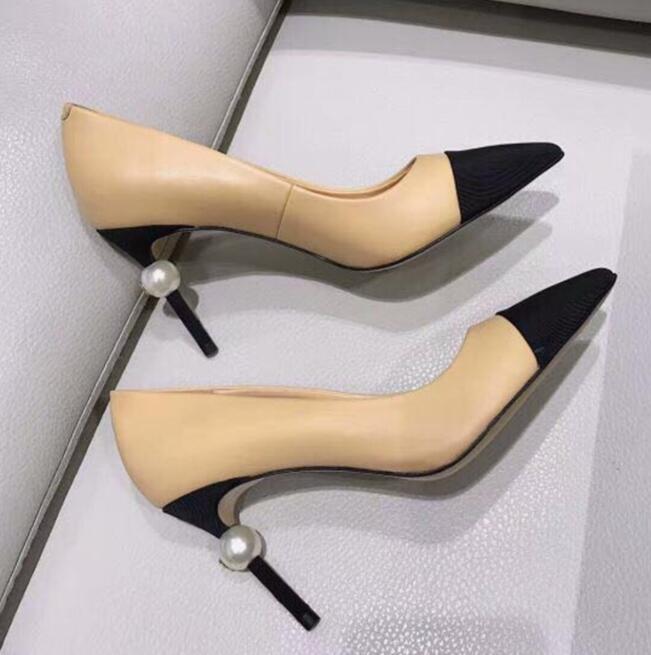 Chaussures à talons hauts Designer Pumps Robe de fête talons pointus à orteil en cuir noir talons minces de perles blanches Femme sexy