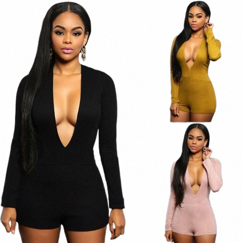 Women's Jumpsuits & Rompers women's Jumpsuits & Rompers 2021 Long Sleeve Deep V-neck Playsuit Women Jumpsuit Romper Black Bodycon Sexy-image-800019119