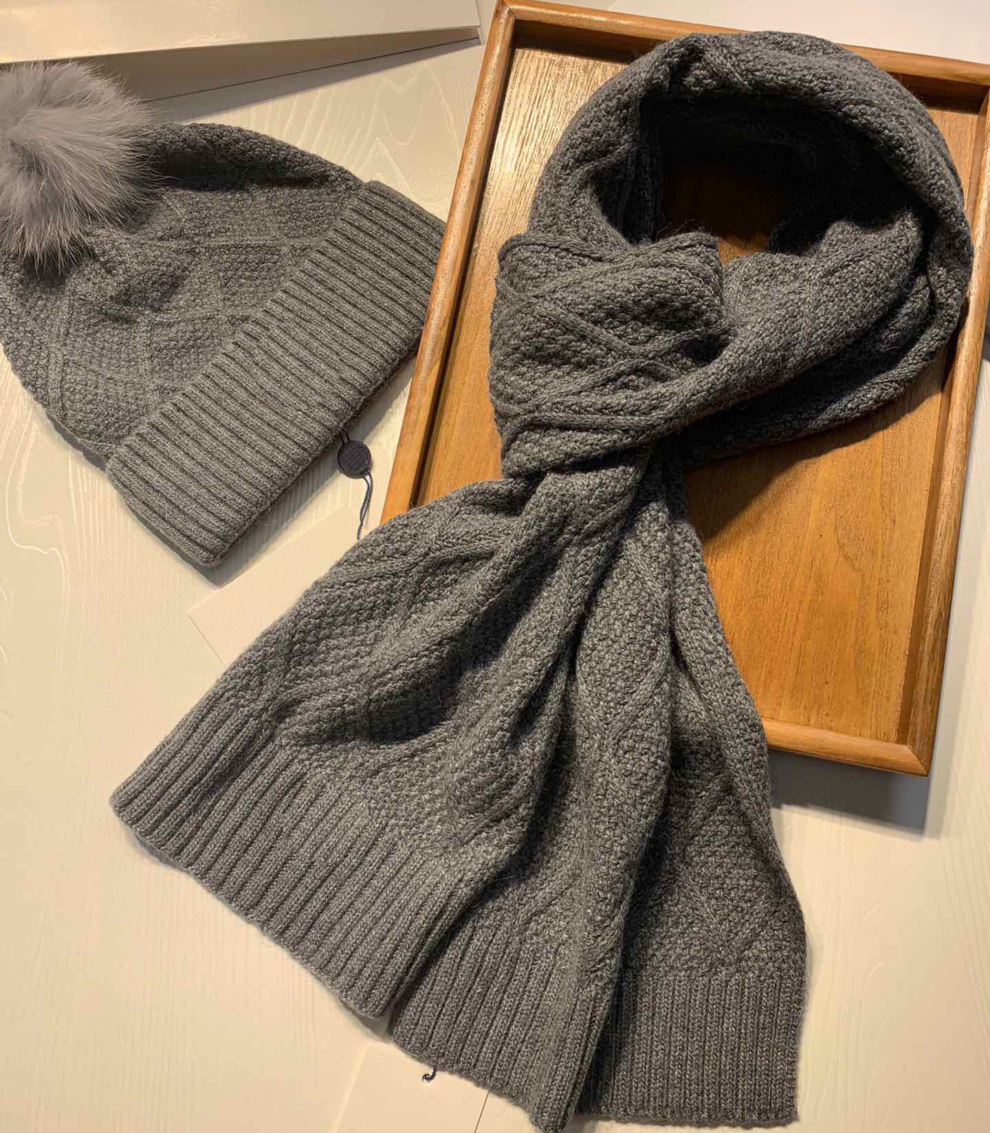 

Beanie Fox Fur Pom Pom Hat and Scarf set in Grey Women Men Ski Ball Caps Outdoor Wear Fashion Accessories