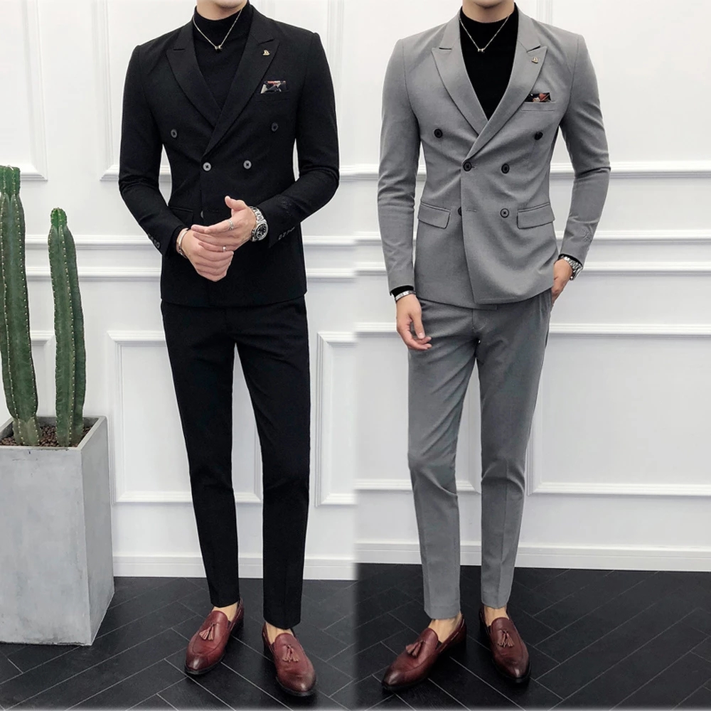 Men Tuxedos Two Piece Suit Coat Set Slim Fashion New Business Casual Jacket British Style Wedding Dress Blazers Pants-image-800474587