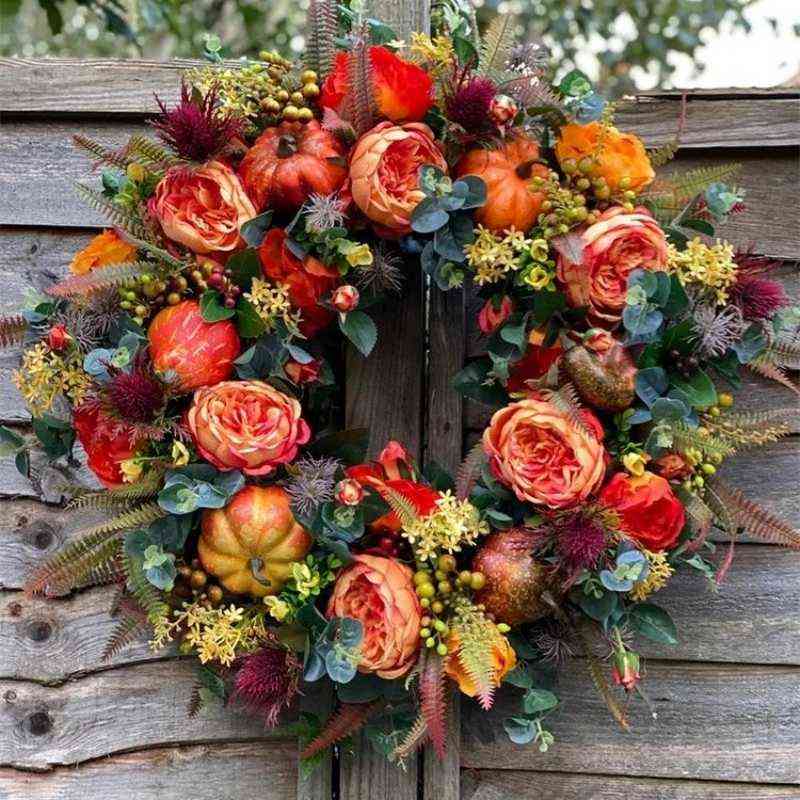 

Decorative Flowers Wreaths Fall Peony And Pumpkin Wreath for Front Door Home Farmhouse Decor Festival Celebration Thanksgiving Wreath Decor T220905, 40cm