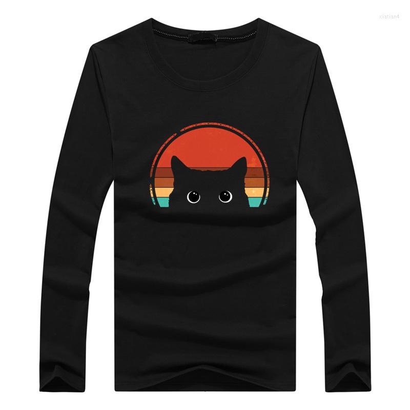 

Men's T Shirts Spring Autumn Black Cat Peeking Sunset Crew Neck Long Sleeve Oversized Shirt For Men Cotton T-shirt Casual Tops Men's, No print green