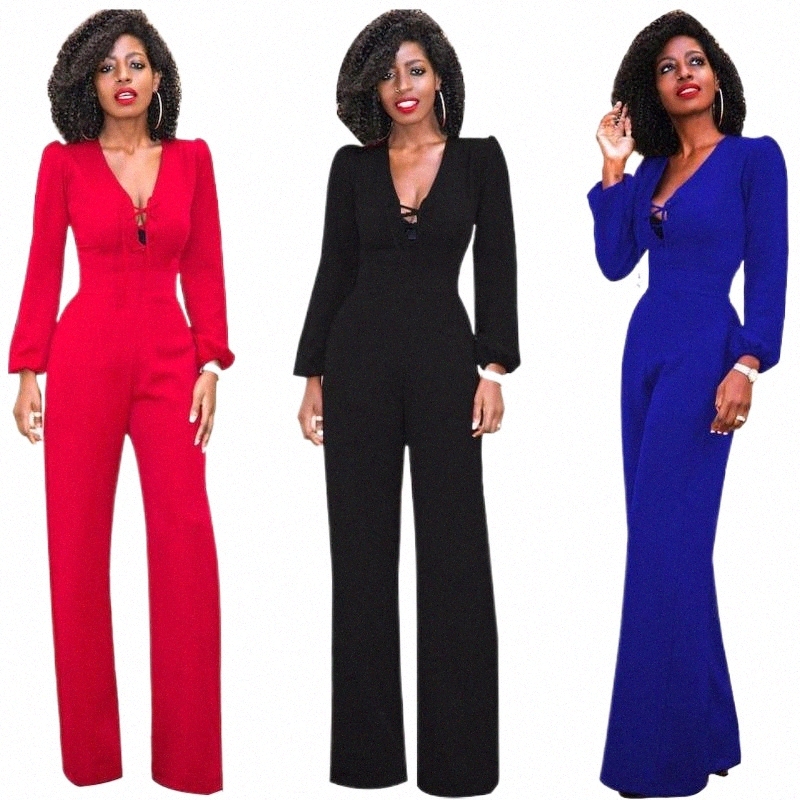 Women's Jumpsuits & Rompers women's Jumpsuits & Rompers 2021 Plain Black Blue Red Solid OL Workwear Autumn Jumpsuit Wrap Lace Up Sexy V-image-800018749