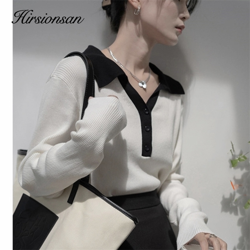 

Womens Sweaters Hirsionsan Pichwork Polo Neck Sweater Women Korean Slim Knitted Female Tops Loose Turn Down Ladies Jumpers 220906, Grey