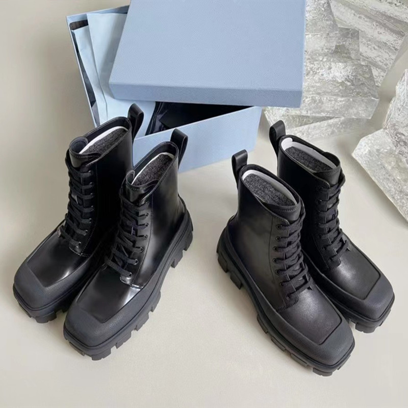 Nouvelles femmes bottes en plein air fond épais en cuir noir à lacets motard chaussons pour femmes chaussures de créateur de luxe usine chaussure