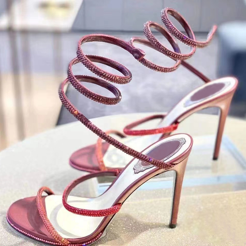 

Top Creole crystal decorative stiletto sandals snake wound silk square head red banquet dress shoes evening women's high heels luxury designer factory shoes, 18