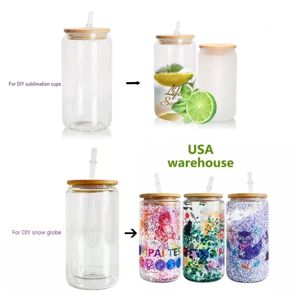 

US Warehouse Double Walled Glass Tumblers 16oz 20oz Straight Pre-drilled Snow Globe Mugs for Sublimation and Glitter Cups GC1024A4, Single wall clear with lids and straws