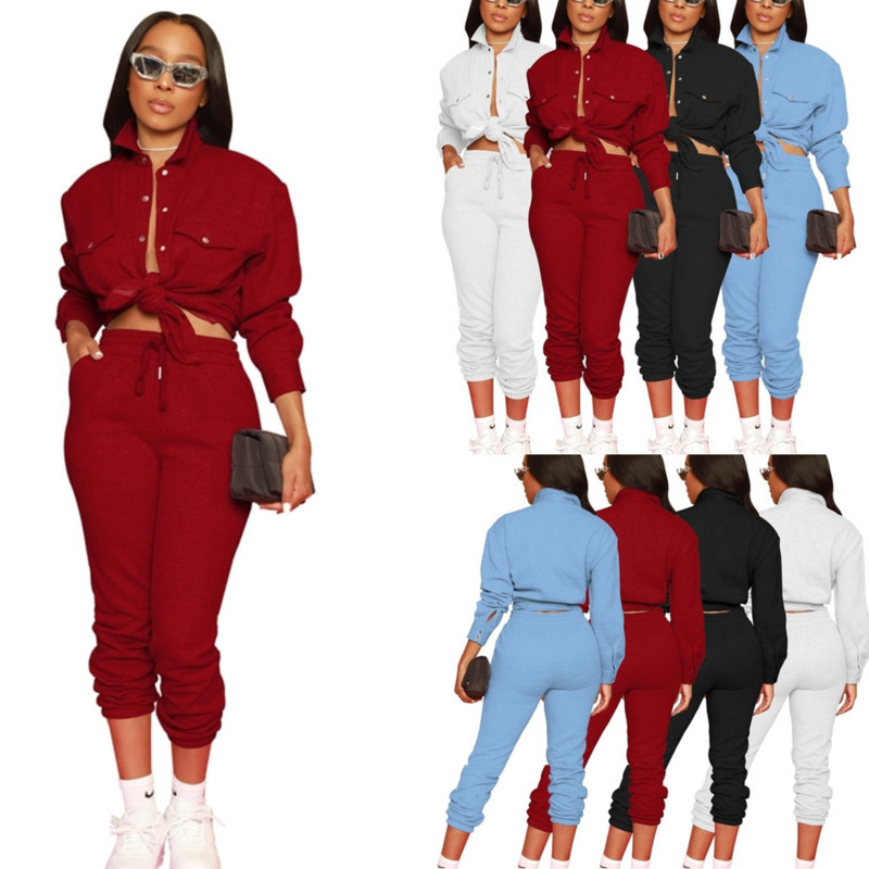 

Womens Tracksuits Fall And Winter Button Shirt And Pants Two Piece Set Sweater Fabric Suit Elastic Outfits, White