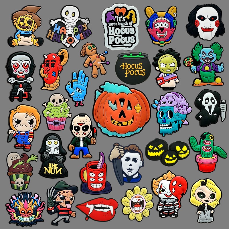 

Halloween MOQ 1000pcs wholesale croc Charms 2D Soft pvc horrible movies Shoe accessories clog shoe buckles Decorations fit kid bracelets sandals party supplies