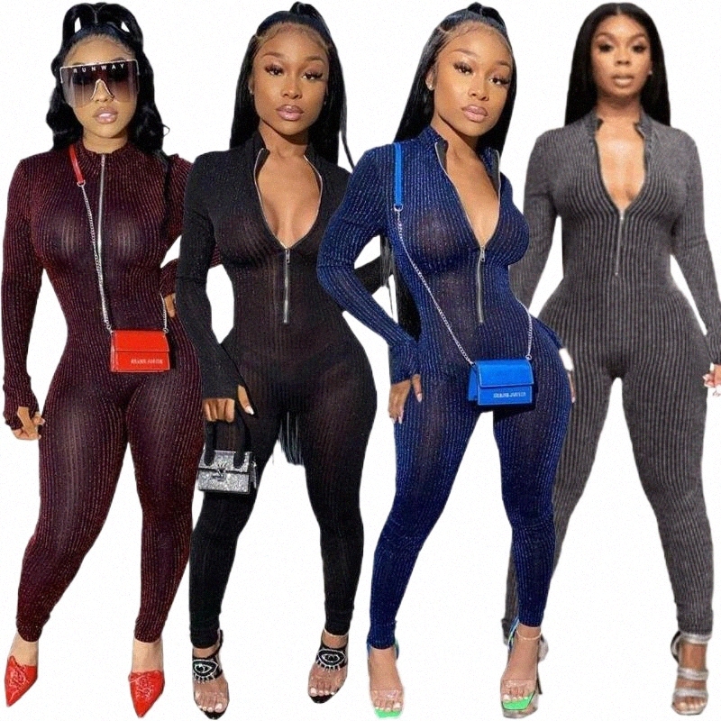 Women's Jumpsuits & Rompers fall Women 2021 Fashion Sexy Tight Casual Jumpsuit Long Sleeve Front Zipper Sportswear Women's Fitness Jump-image-800025082