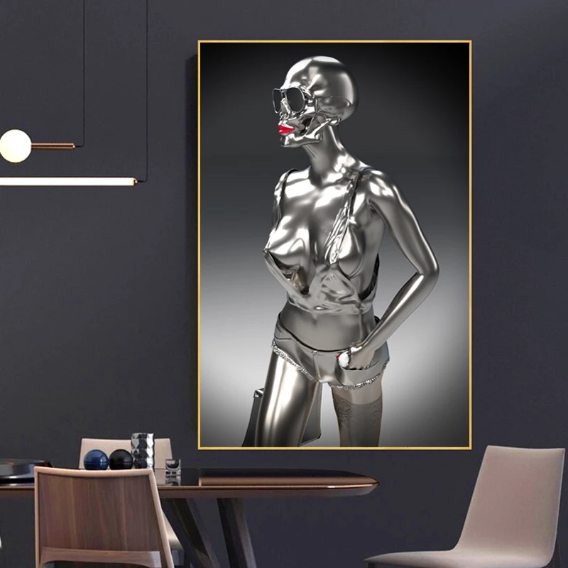 

Canvas Painting Red Lips Metal Woman Art Sexy Girl Statue Posters and Prints Wall Art Picture for Living Room Wall Decor Cuadros