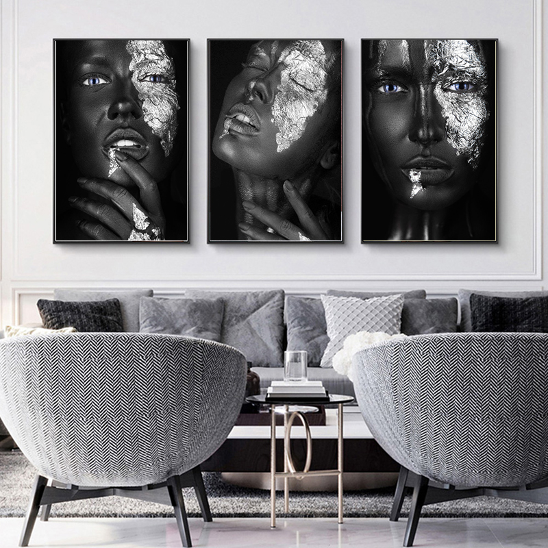 

Canvas Painting Sliver Sexy Black Women Dark Skinned Portrait Posters and Prints Wall Art for Living Room Home Decoration Cuadro