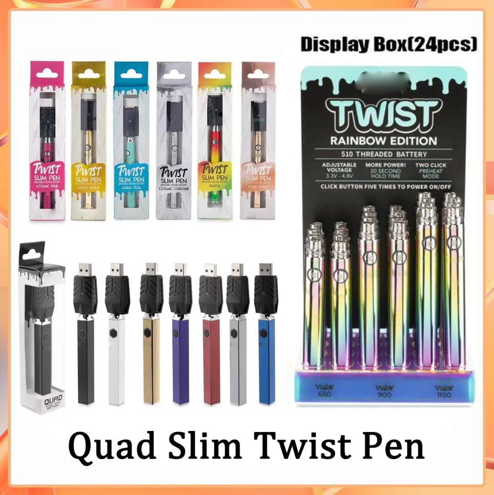 

Slim Twist Pen Quad Twist Preheat Battery 650mah 900mah 1100mah With Display Box Variable Voltage 510 thread Vape PK Vision Spinner Vmod Cookies Backwoods