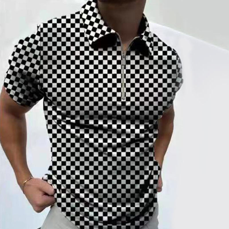 Summer black plaid polo shirt men's casual plus size short sleeve mixcolor top Popular Loose Cotton T-shirts Top Quality Print Tees