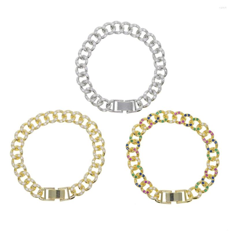 

Bangle Hip Hop Women Fashion Jewelry Colorful Iced Out Bling Micro Pave White Cz Bar Charm Curb Miami Cuban Link Chain 17cm Bracelets
